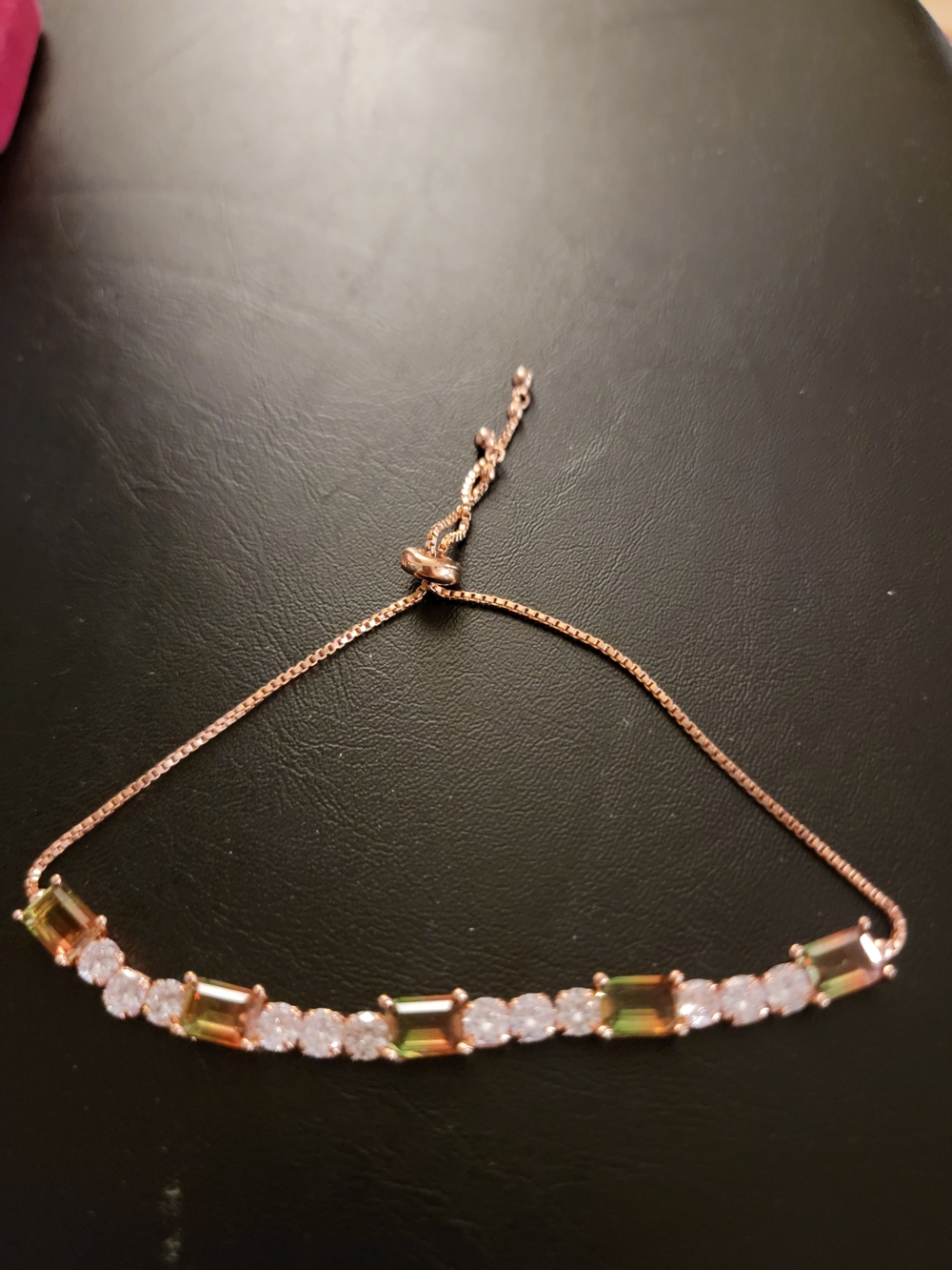 Rose Gold Crystal and Green Baguette Tennis Bracelet - Women Adjustable Jewelry